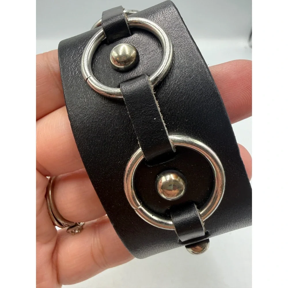 Black Leather Cuff Bracelet Punk O-Ring Studded Wide Biker Goth Adjustable Snap